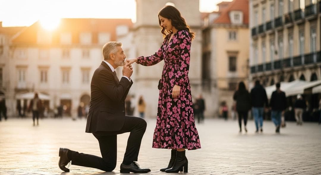 Gentleman kissing a woman's hand in a European city square at sunset - romance and respect in sugar dating