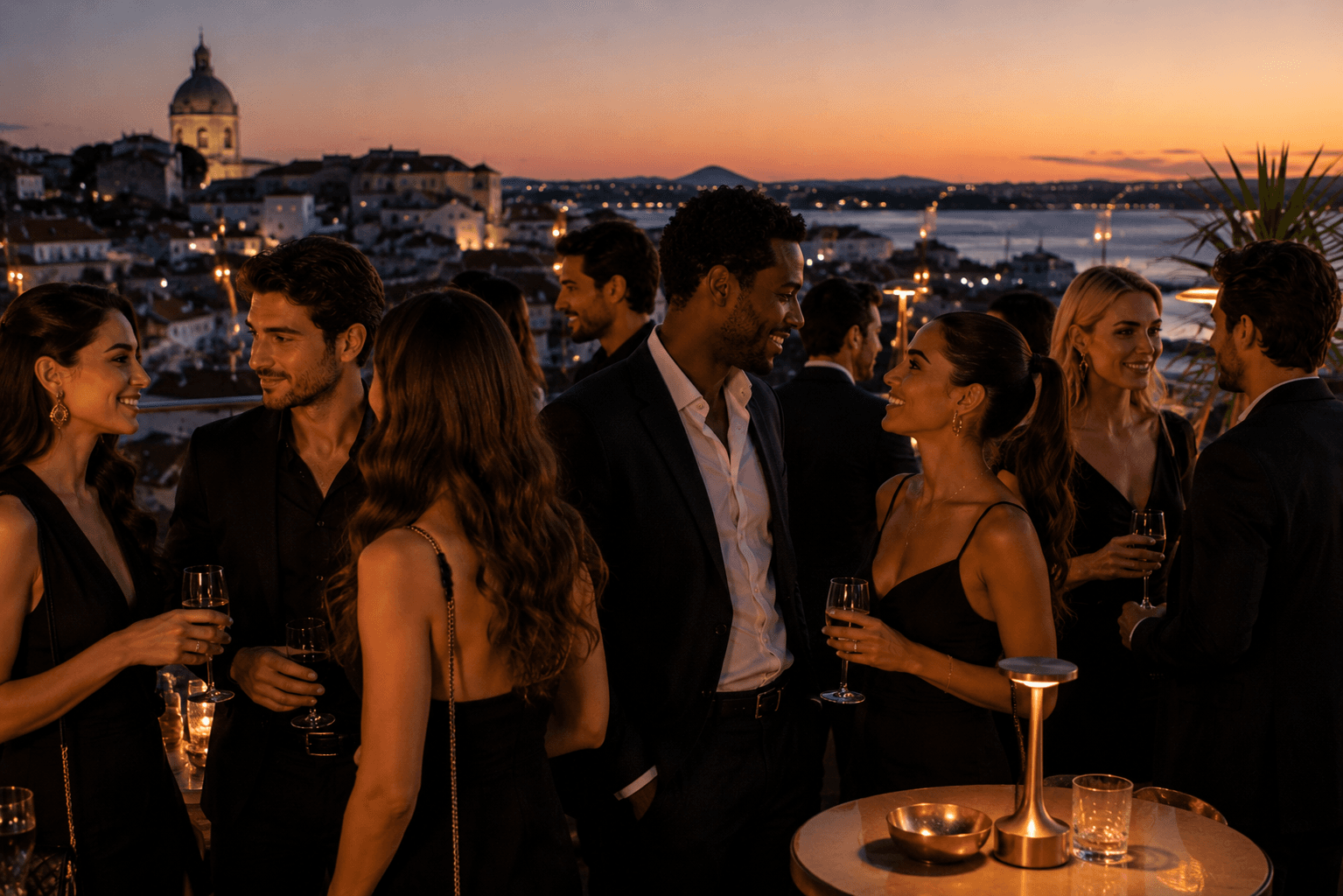 Couple enjoying a rooftop evening in Lisbon โ intentional sugar dating in Portugal